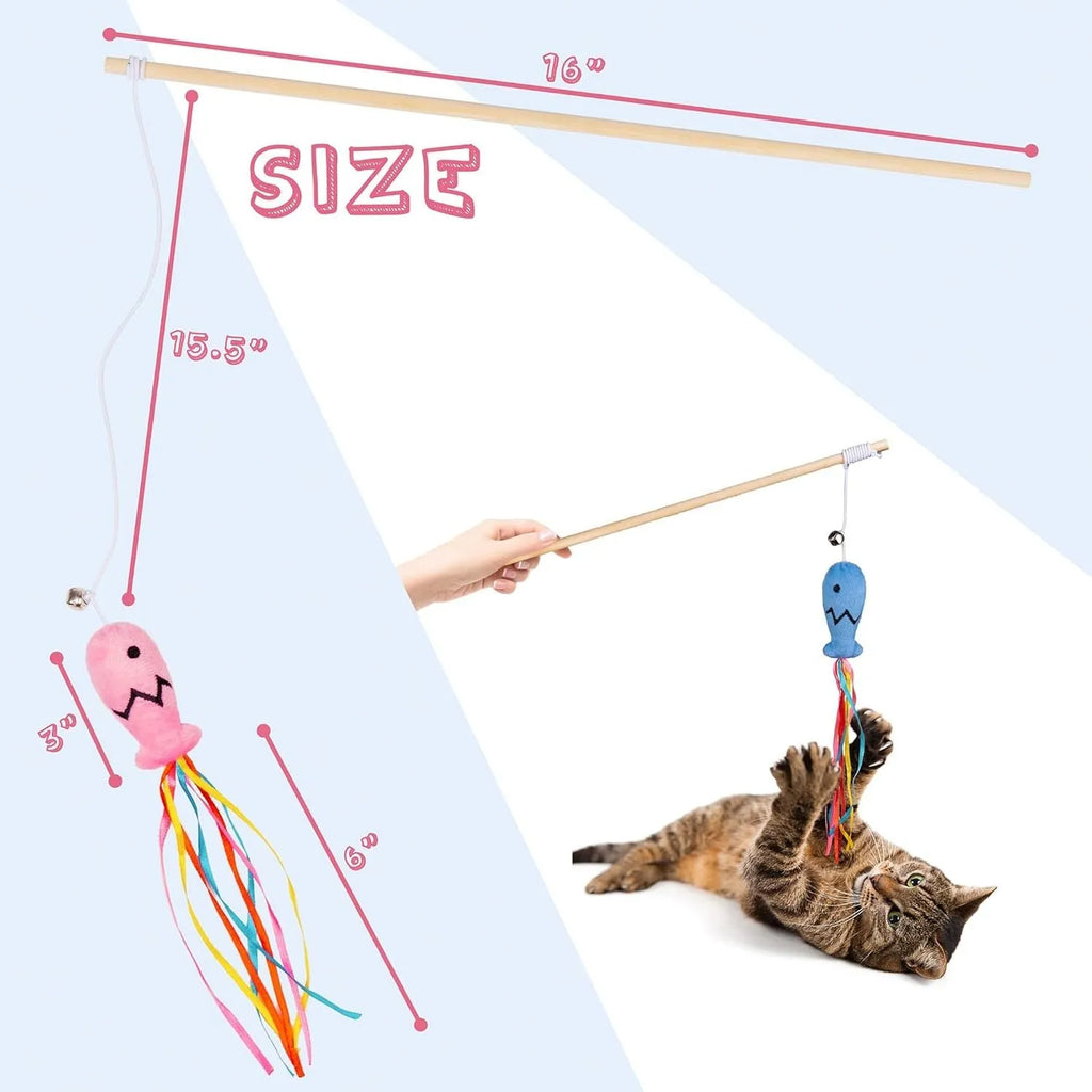Cat wand toy with colourful ribbons, catnip fish, and bell on natural wooden handle