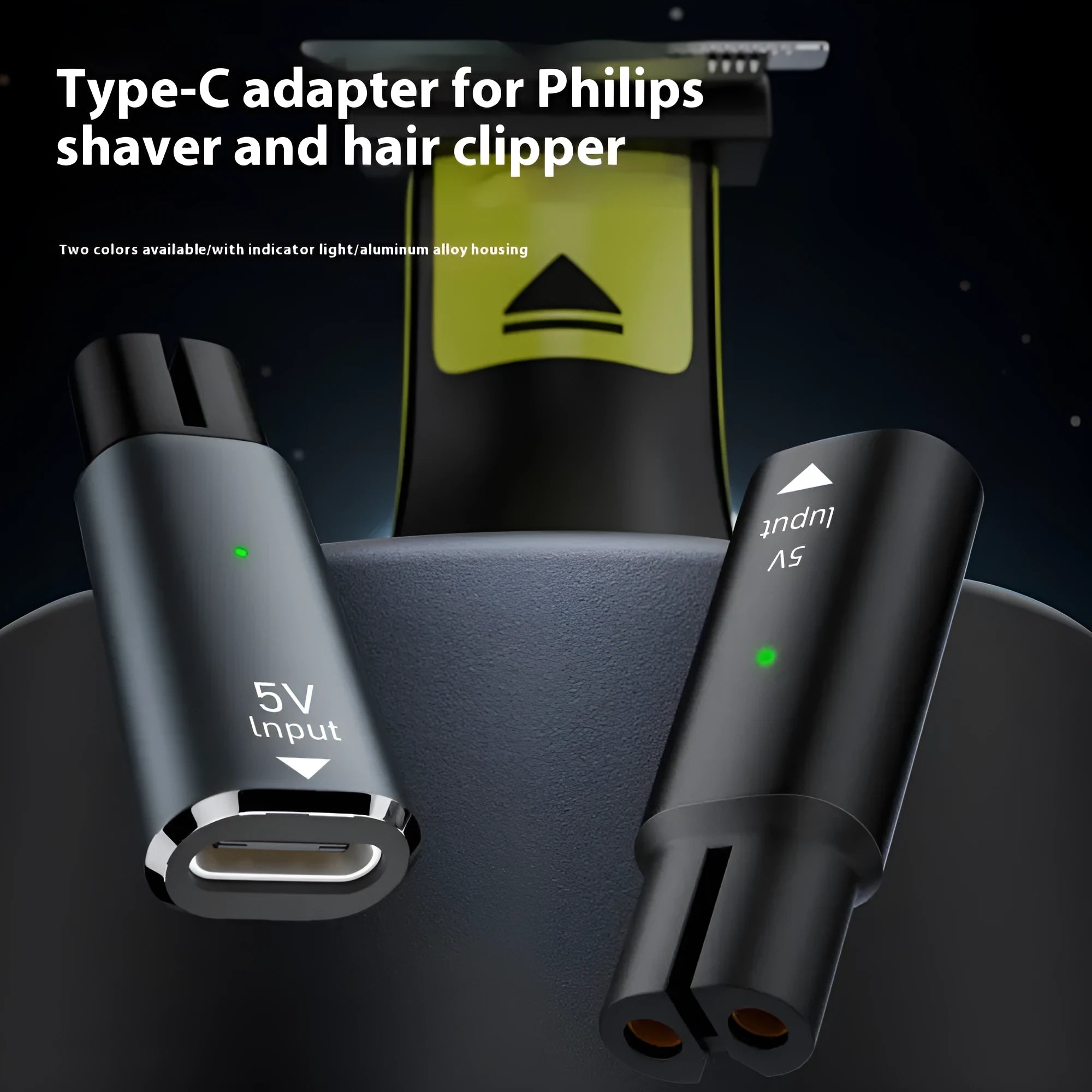 Black USB-C charging adapter for 4.3V electric shavers and hair clippers with aluminium alloy housing