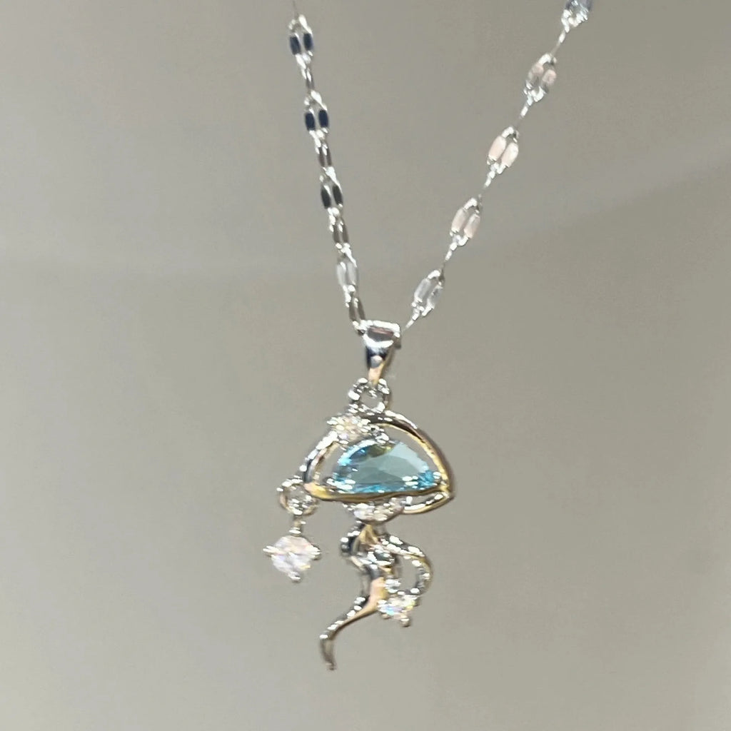 S925 sterling silver blue jellyfish pendant necklace on white gold colour chain with diamond finish