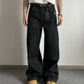 Black retro loose wide-leg straight-leg jeans with mid-waist and zip fly