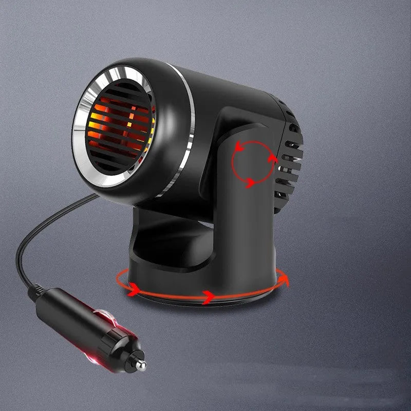 Compact 12V car heater defrost fan in black and white ABS plastic with heat switch and 1.5m power cord