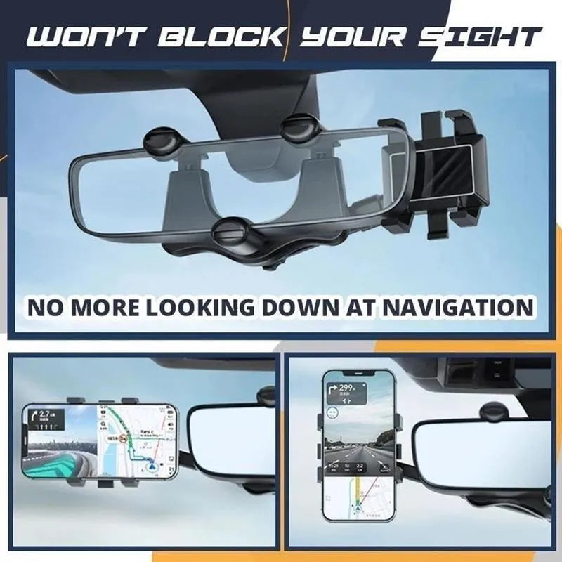Black rearview mirror phone holder with rotating head and telescopic arm extended