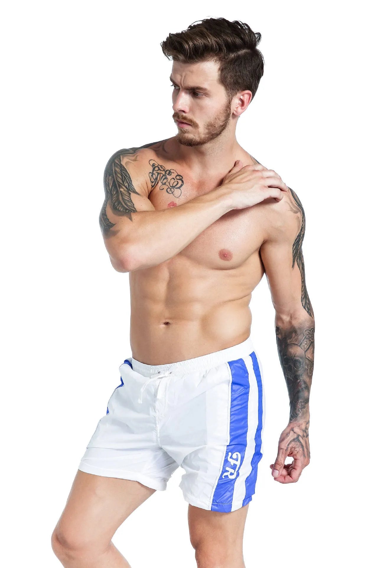 Men's blue sports shorts with lace-up fastening and padding for running support
