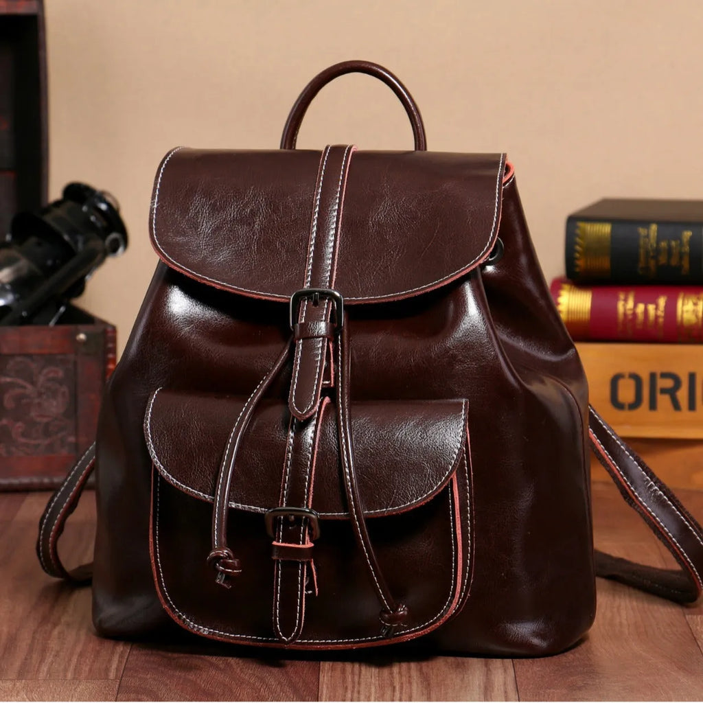 Genuine cowhide leather backpack with pull-belt pocket in black, 28x30x12cm, street style