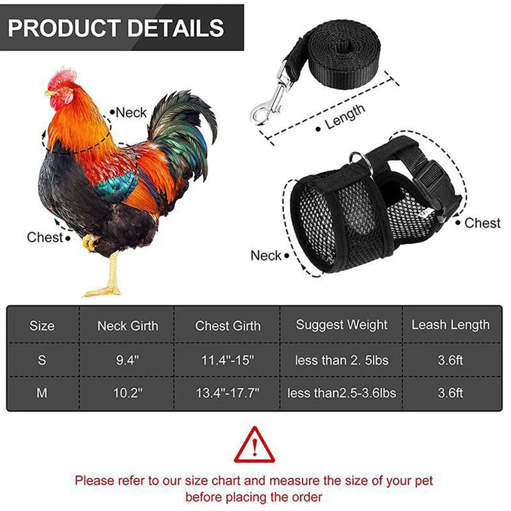 Adjustable poultry vest harness for chickens ducks in black with matching collar bow and 110 cm traction rope