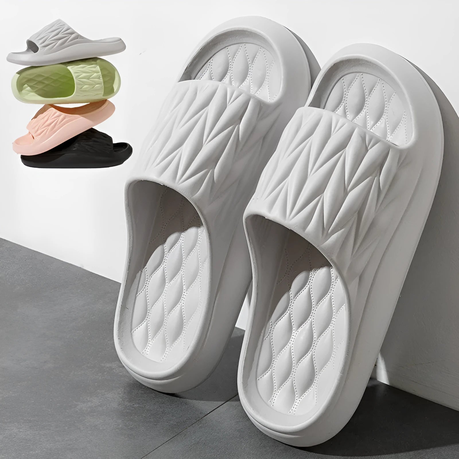 Leaf texture design EVA foam slippers in various colours with non-slip sole for indoor household use