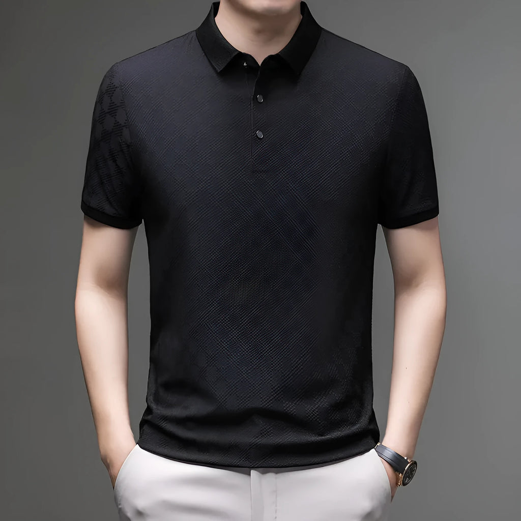 Black rhombus pattern thin ice silk short sleeve T-shirt with a slit design on a hanger.
