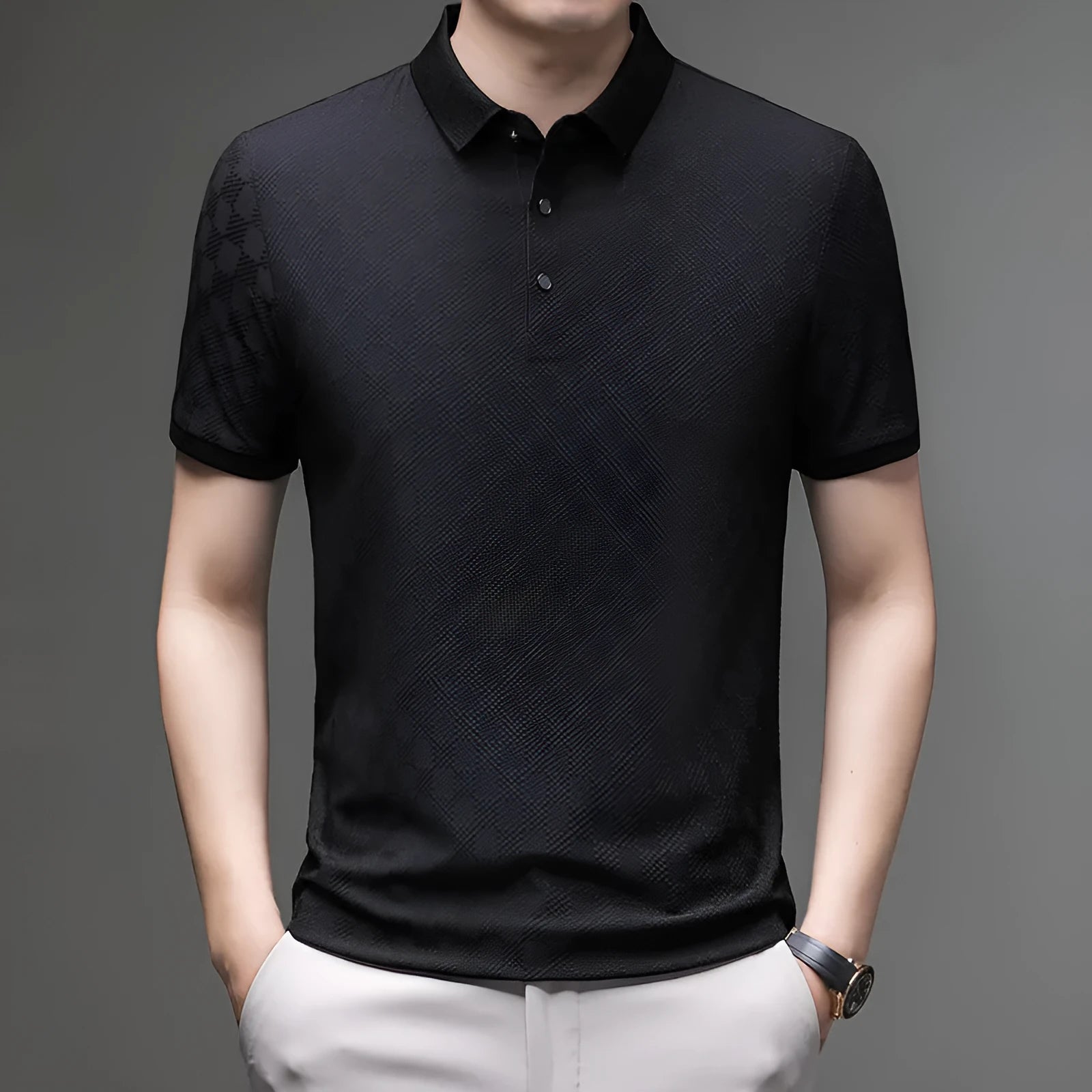 Black rhombus pattern thin ice silk short sleeve T-shirt with a slit design on a hanger.