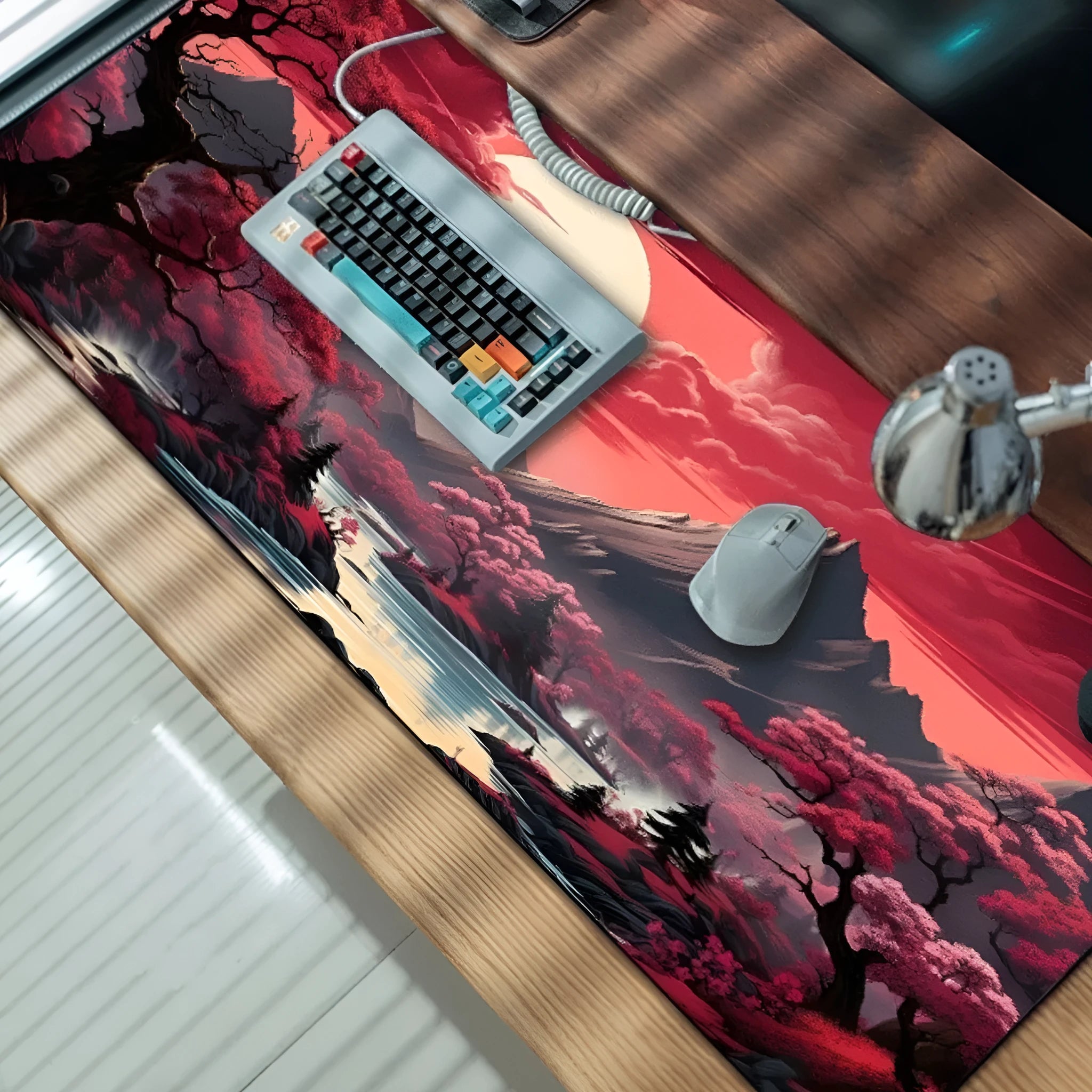 Customisable anime-themed gaming mouse pad with non-slip rubber base on a desk.