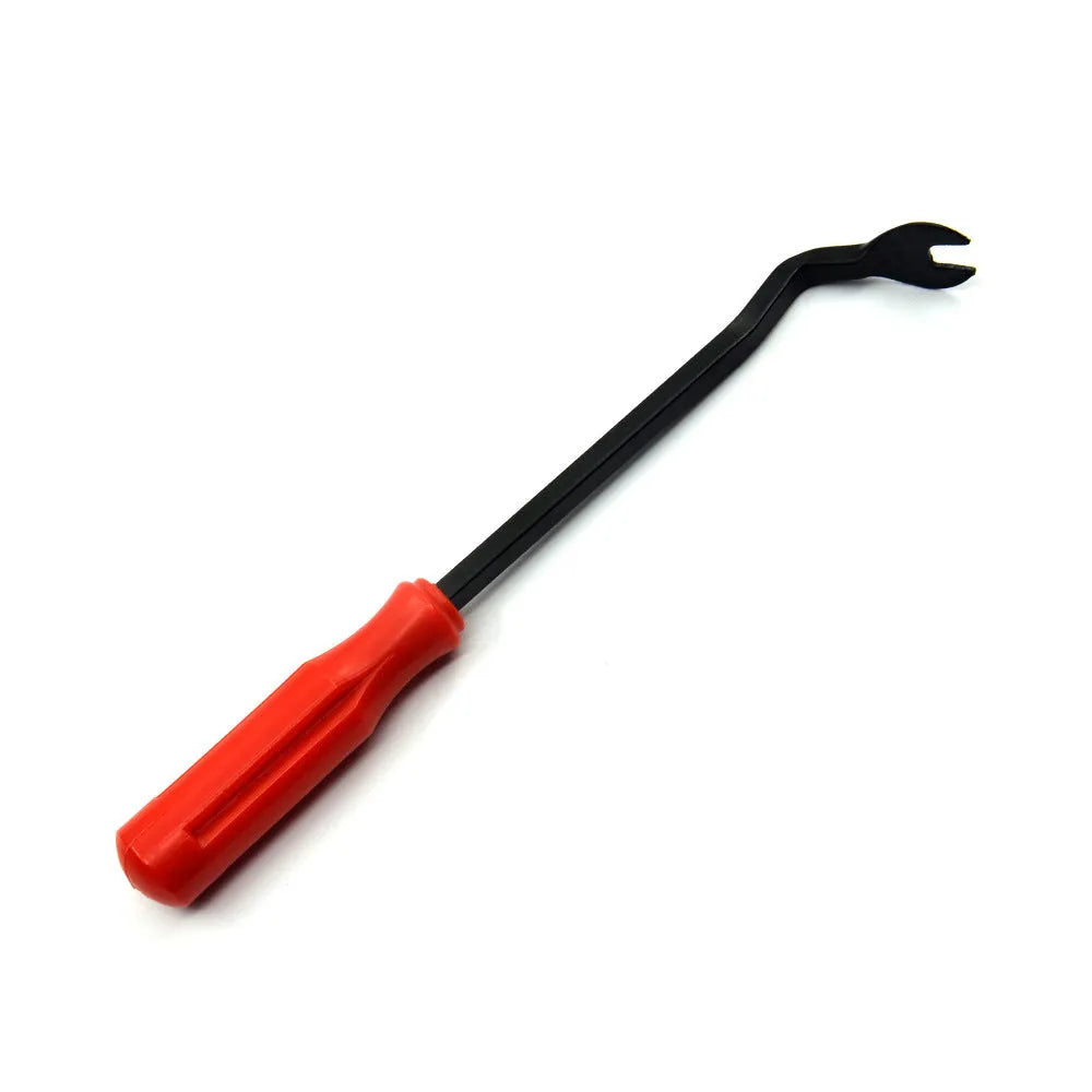 Red-handled steel automotive door panel clip removal tool for General Motors vehicles