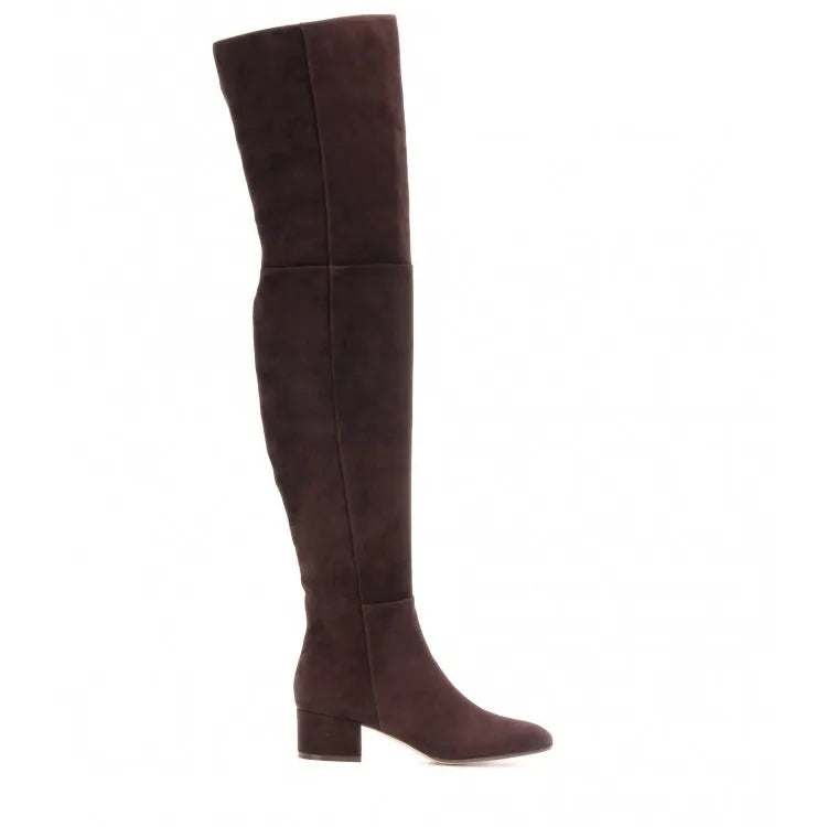 Grey suede women's over the knee flat boots with a pointed toe and low thick heel