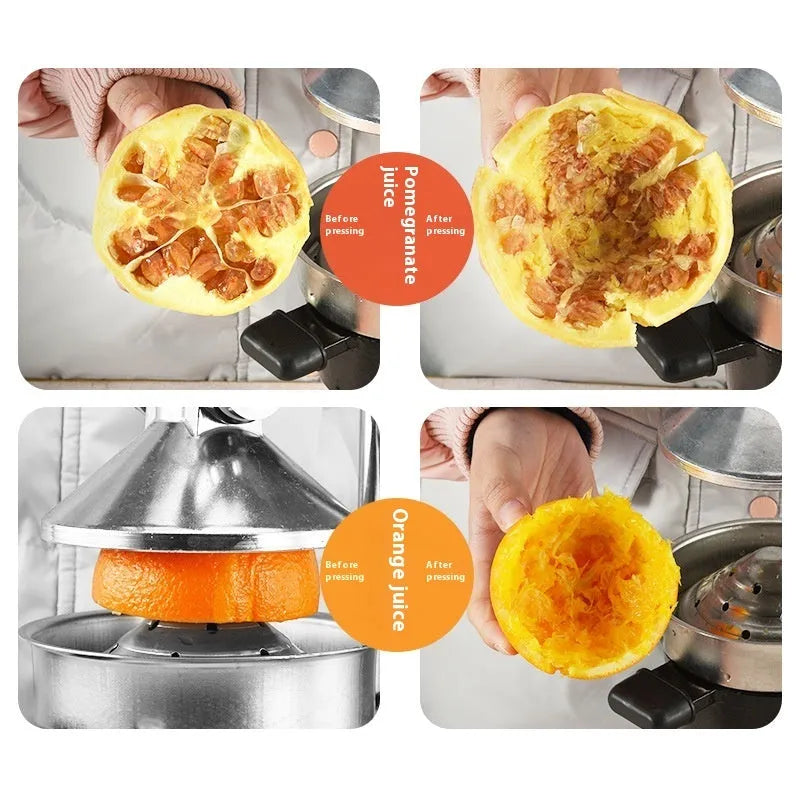 Cast iron manual citrus juicer with stainless steel strainer, 40cm height, in black colour