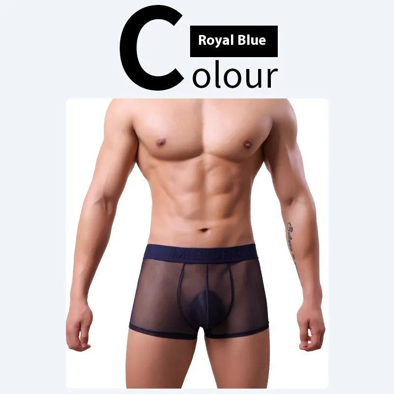 Men's thin polyester boxer shorts in six colours including black white blue green pink skin