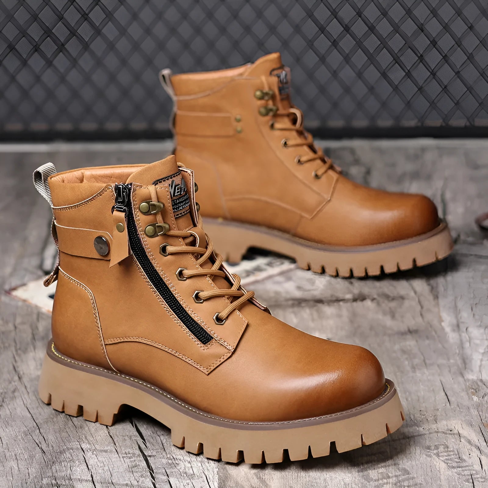 Men's brown leather mid-calf boots with side zipper and thermal lining
