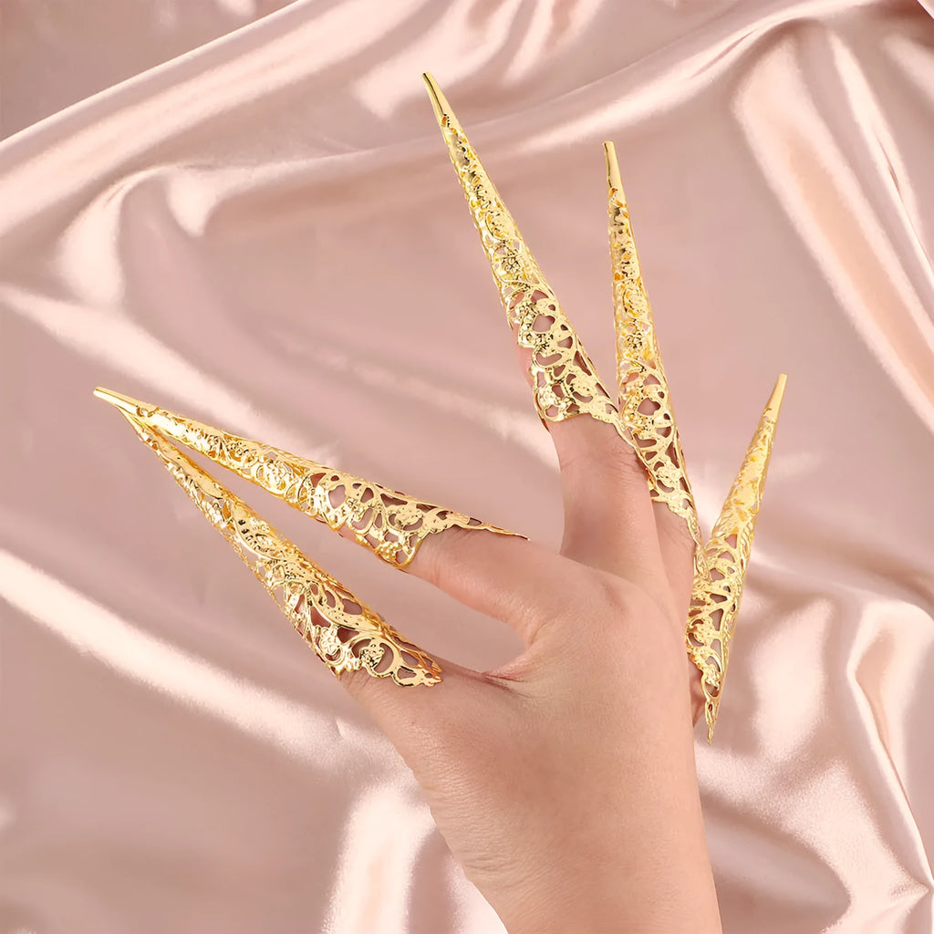 Set of 5 gold electroplated alloy nail rings 12cm long for Indian dance props