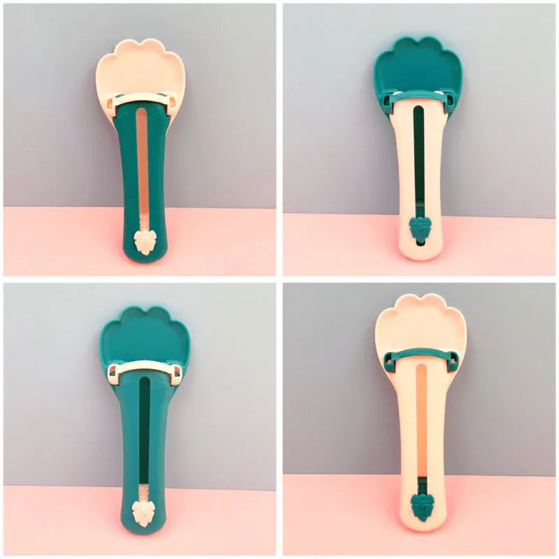 Green and pink pet feed spoon with extrusion design for liquid food and treat dispensing