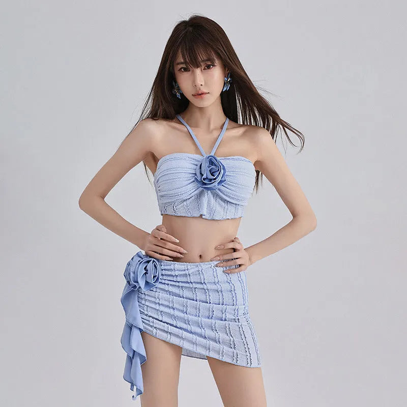 Women's nylon split three-piece swimsuit set in blue, belly coverage design