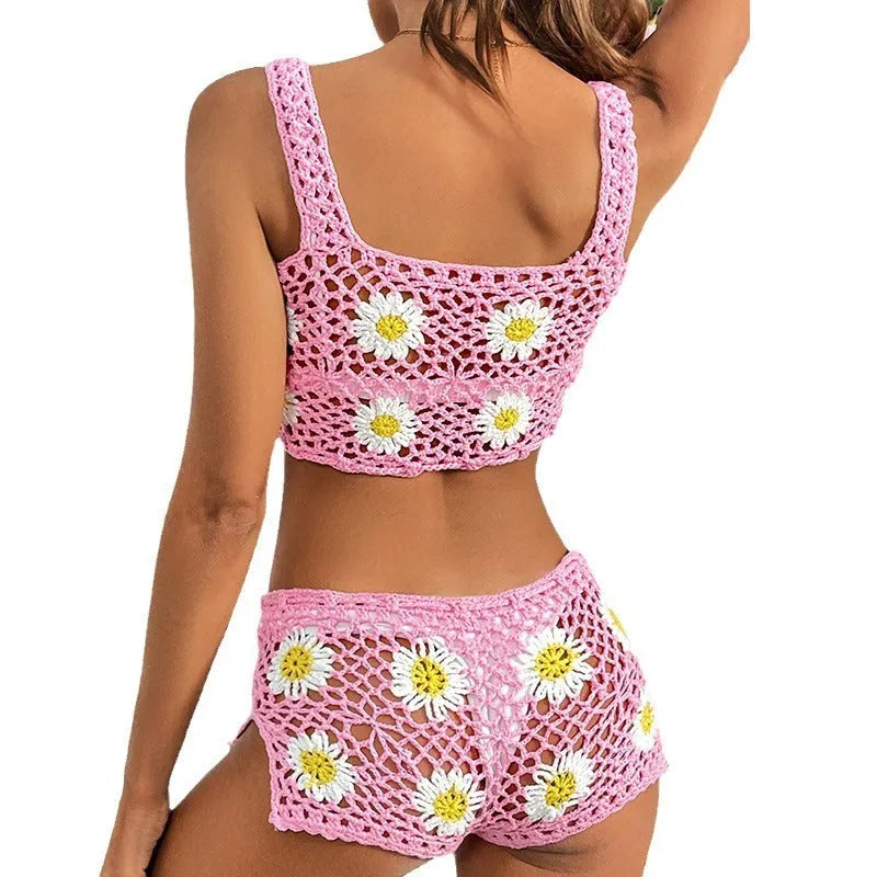 Women's light green flower pattern swimsuit bikini set with hollow yarn fabric