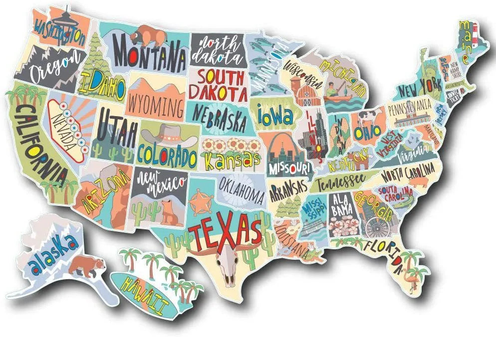 Travel and map themed letters design car body sticker set with white backing sheet.