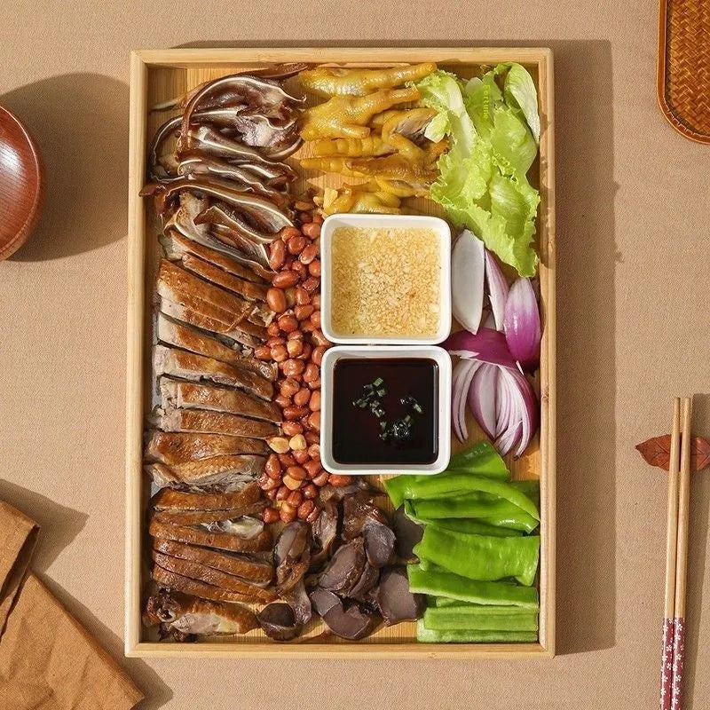 Brown-handled bamboo barbecue serving tray with square shape and solid colour design