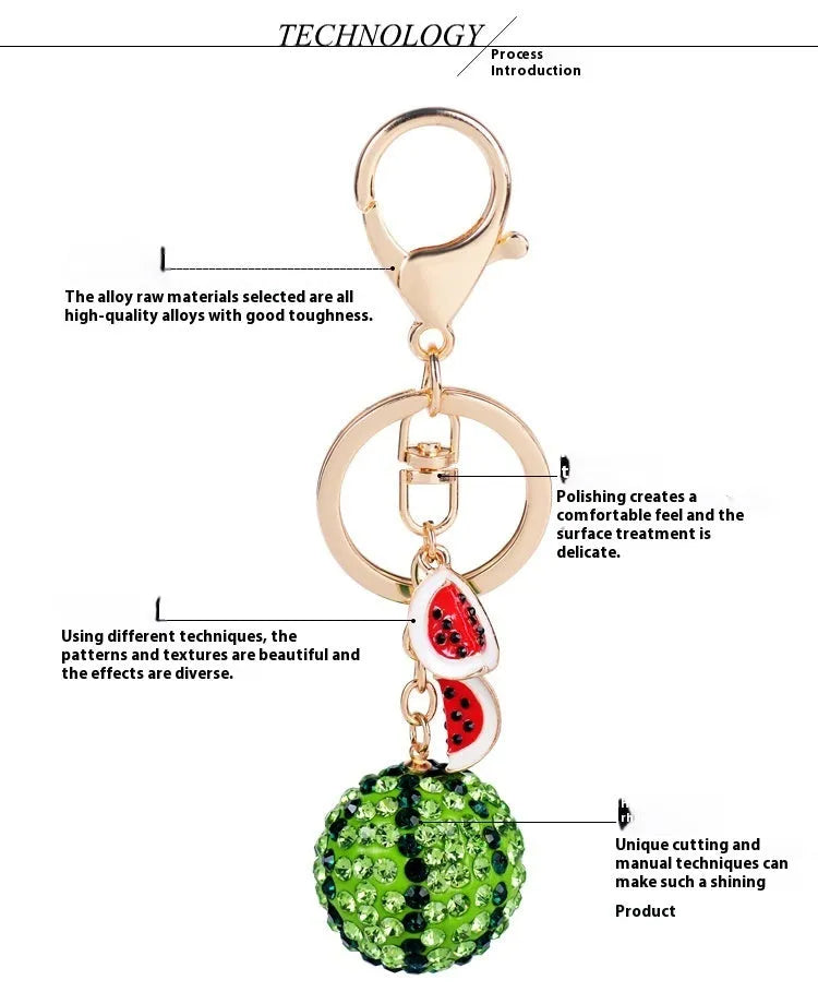 Green watermelon-shaped zinc alloy keychain measuring 12cm with metal chain attachment
