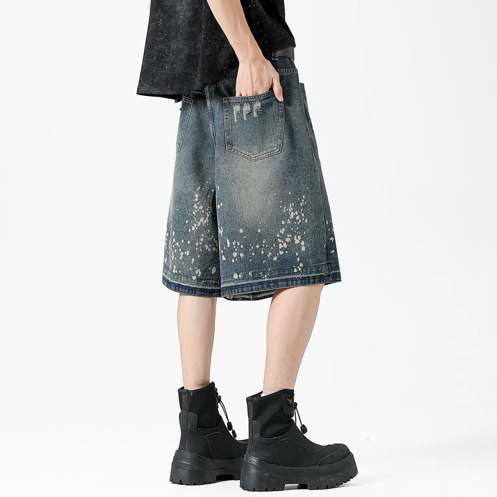 Retro washed ripped splash ink five points denim men's shorts in retro blue, straight fit