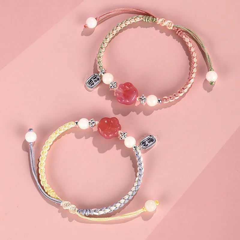 Handmade cat's paw bracelet for couples in glass coloured glaze, woven pastoral style, pink colour option