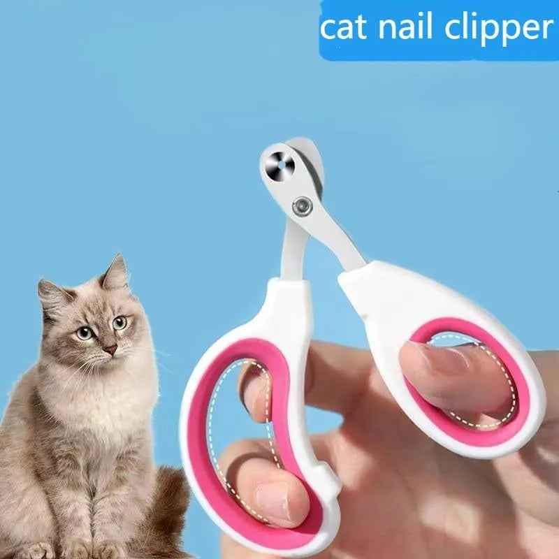 Blue cat nail clippers with circular hole design and cushioned non-slip handle for safe pet trimming