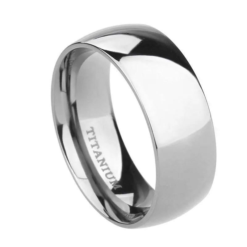 Silver pure titanium ring showing metallic finish and band width options on size guide
