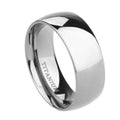 Silver pure titanium ring showing metallic finish and band width options on size guide