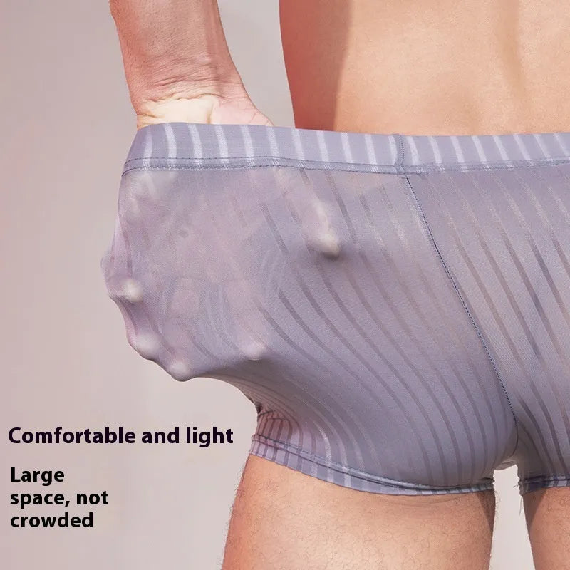 Men's striped underwear in transparent nylon fabric, shown in black, dark grey, and white colours