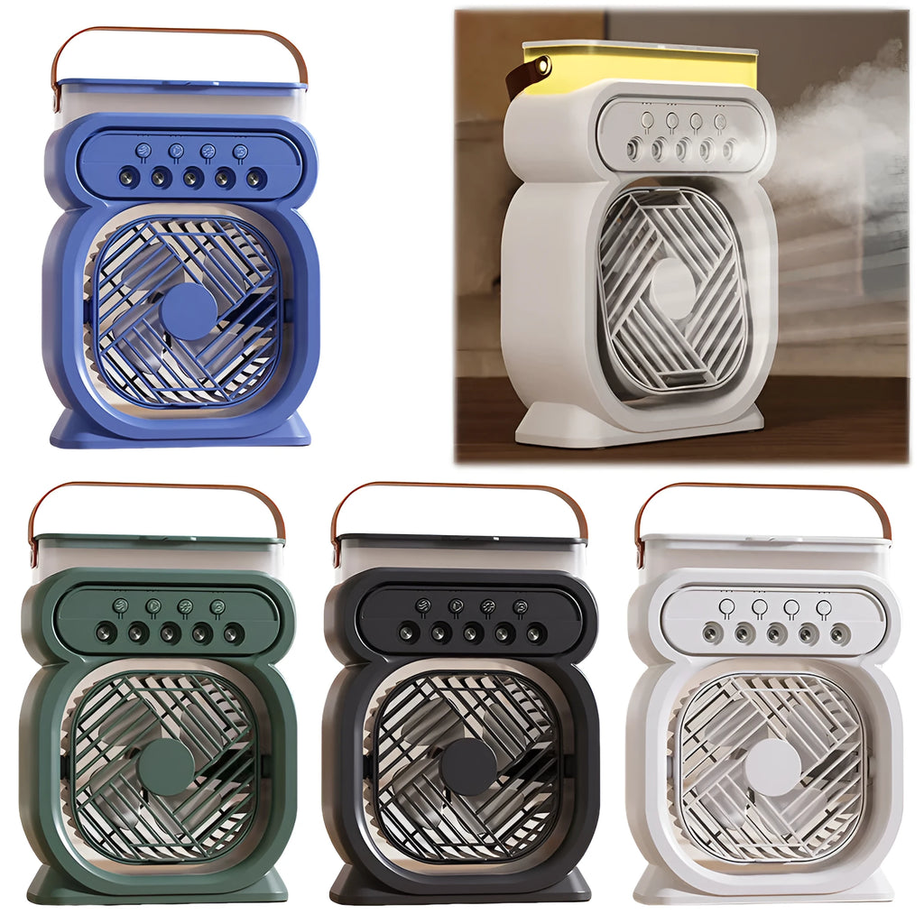 3 in 1 portable evaporative air cooler with LED night lights and USB cable on desk