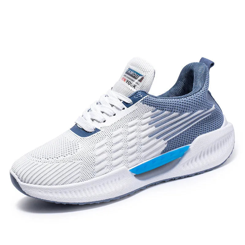 Men's blue casual mesh shoes with round toe and cloth upper on a white background.