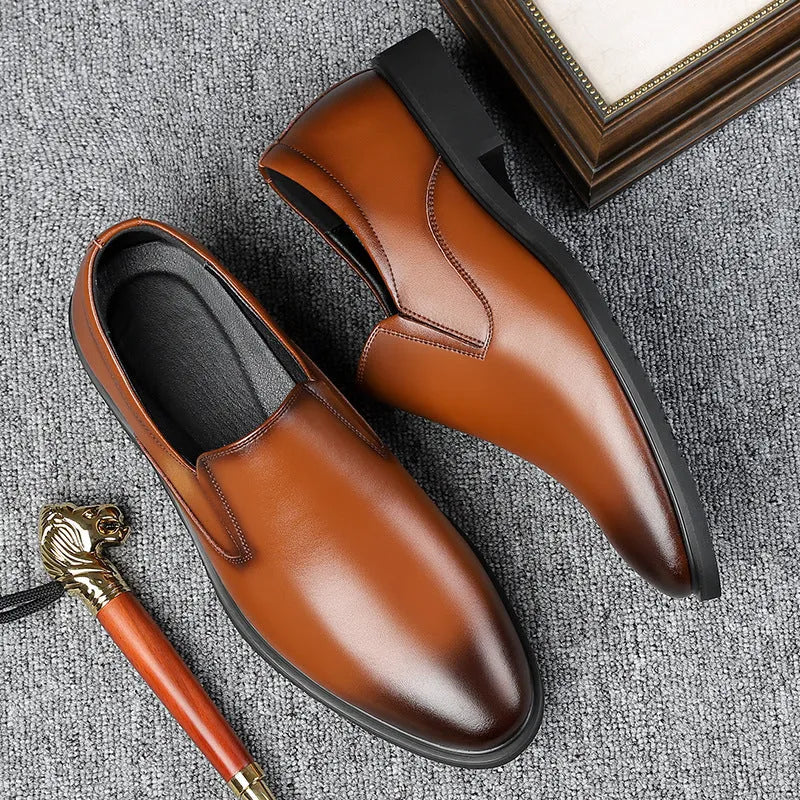 Men's black low top slip-on business casual leather shoes with rubber sole