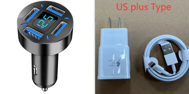 Black four-port USB car charger with digital display, plugged into a car 12V socket.