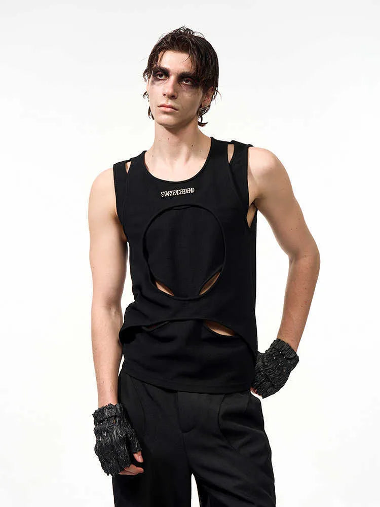 Men's black and white sleeveless waistcoat with hollow thread design and round neck