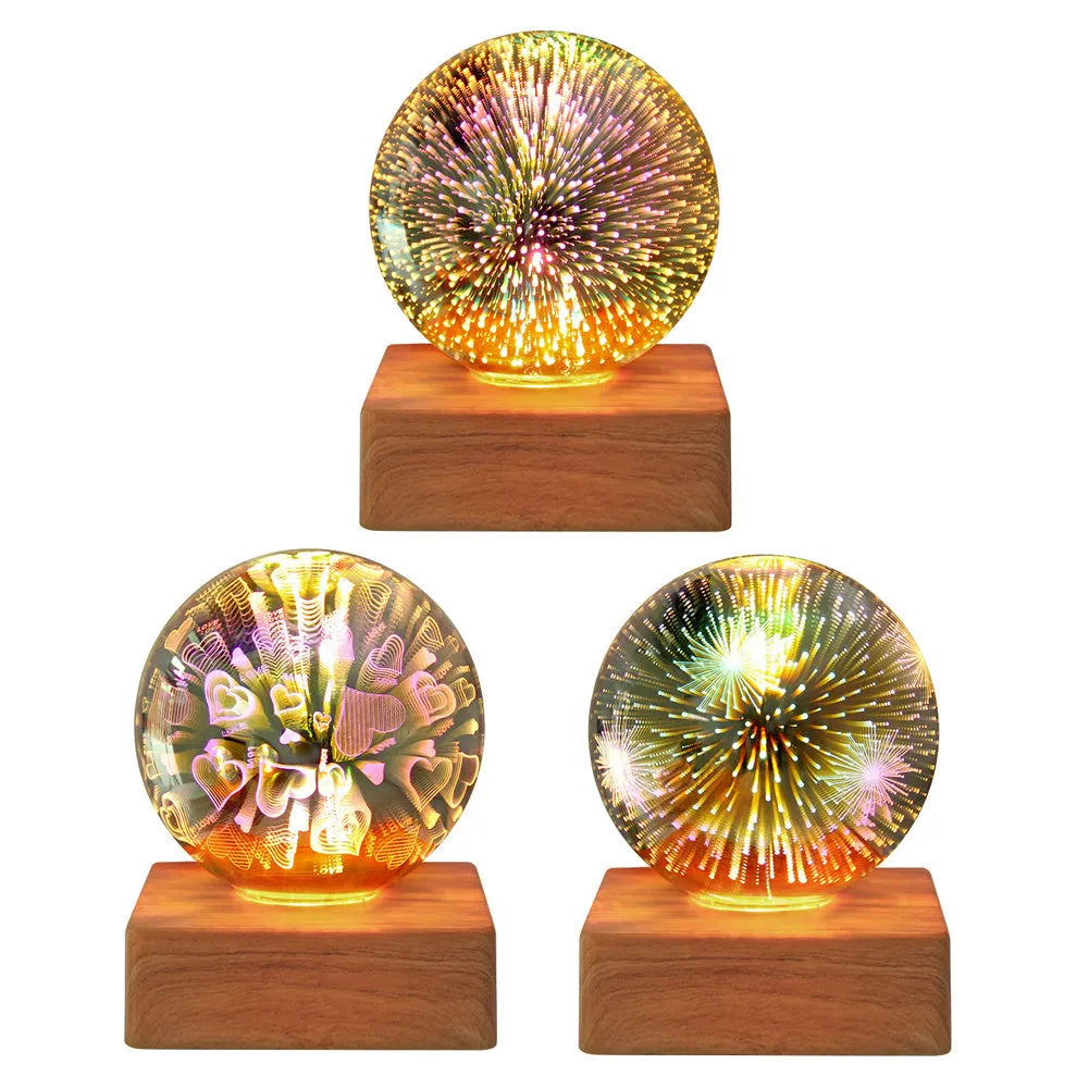 USB 3D firework crystal ball night light with touch control on a wooden table, warm LED glow effect