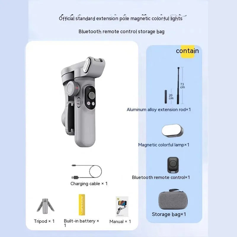 Pro Mobile PTZ Stabilizer three-axis anti-shake gimbal for smartphone in silver grey with ABS body and tripod