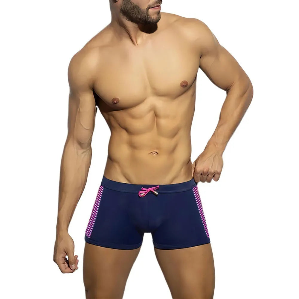 Men's polka dot print quick-dry swimming boxers in nylon on a hanger