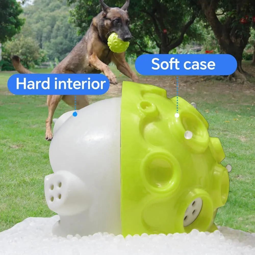 Durable rubber dog ball toy with textured surface for aggressive chewers and teeth cleaning.
