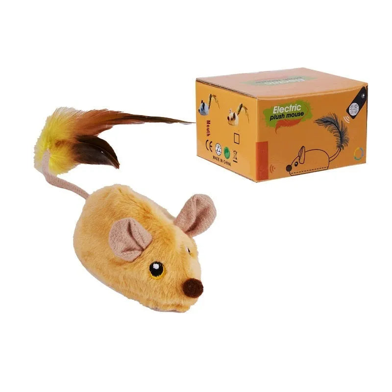 Remote control plush mouse cat toy in gray with remote control and data cable included.