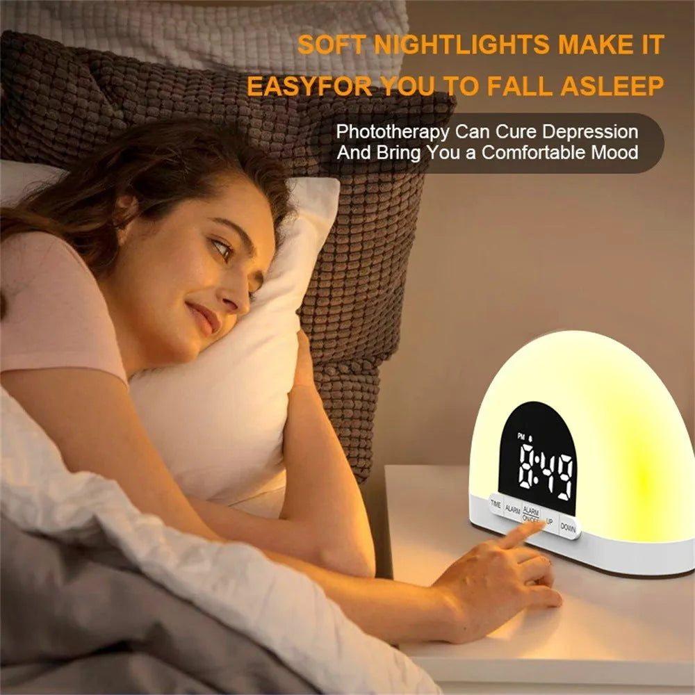 Wake-up light simulated sunrise alarm clock with white display and ABS shell, 150x50x105mm, on a bedside table