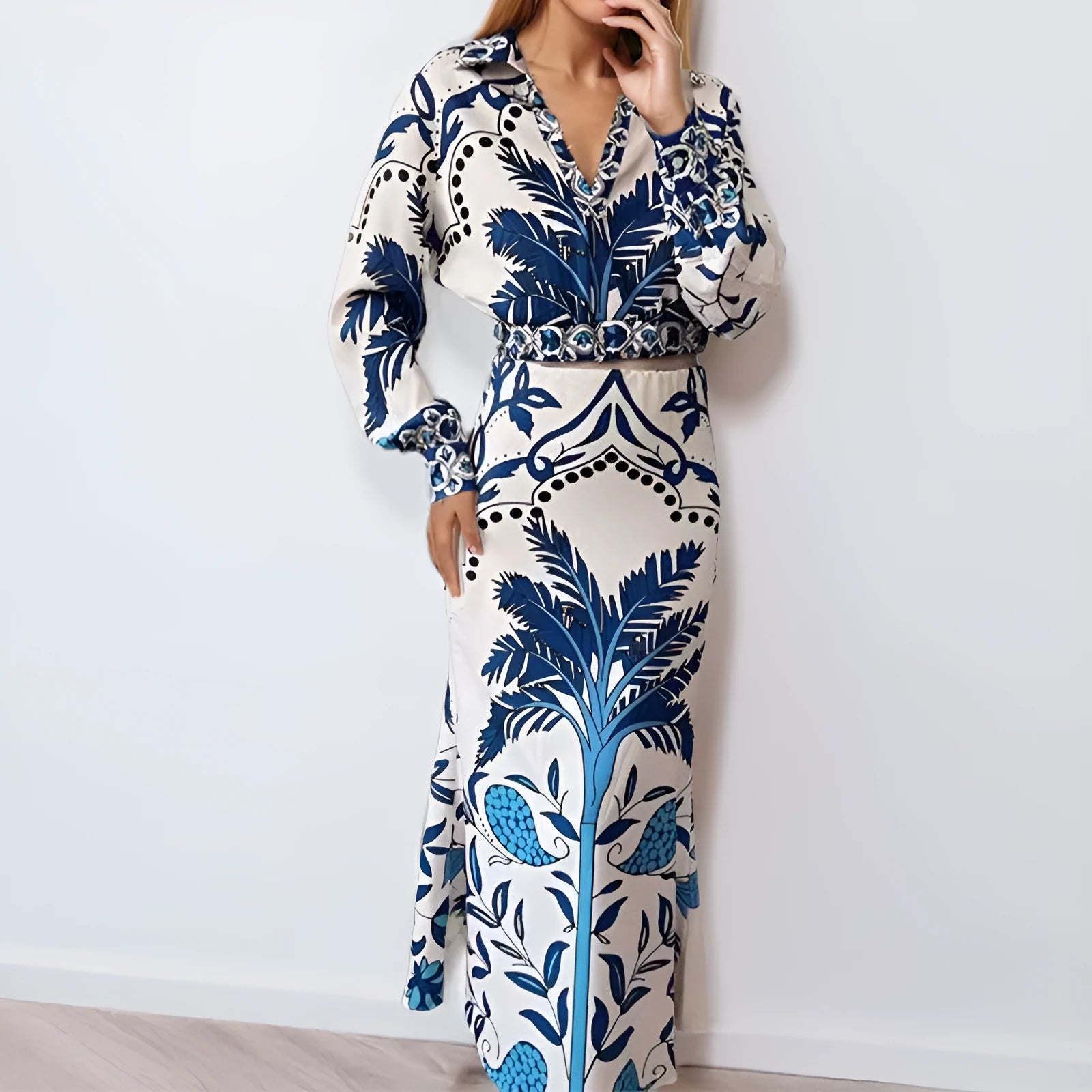 Women's casual two-piece co-ord set with long sleeves and long skirt in polyester fabric