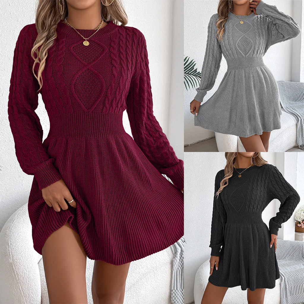 Black solid color twist waist lantern long sleeve sweater dress made of artificial fur and acrylic