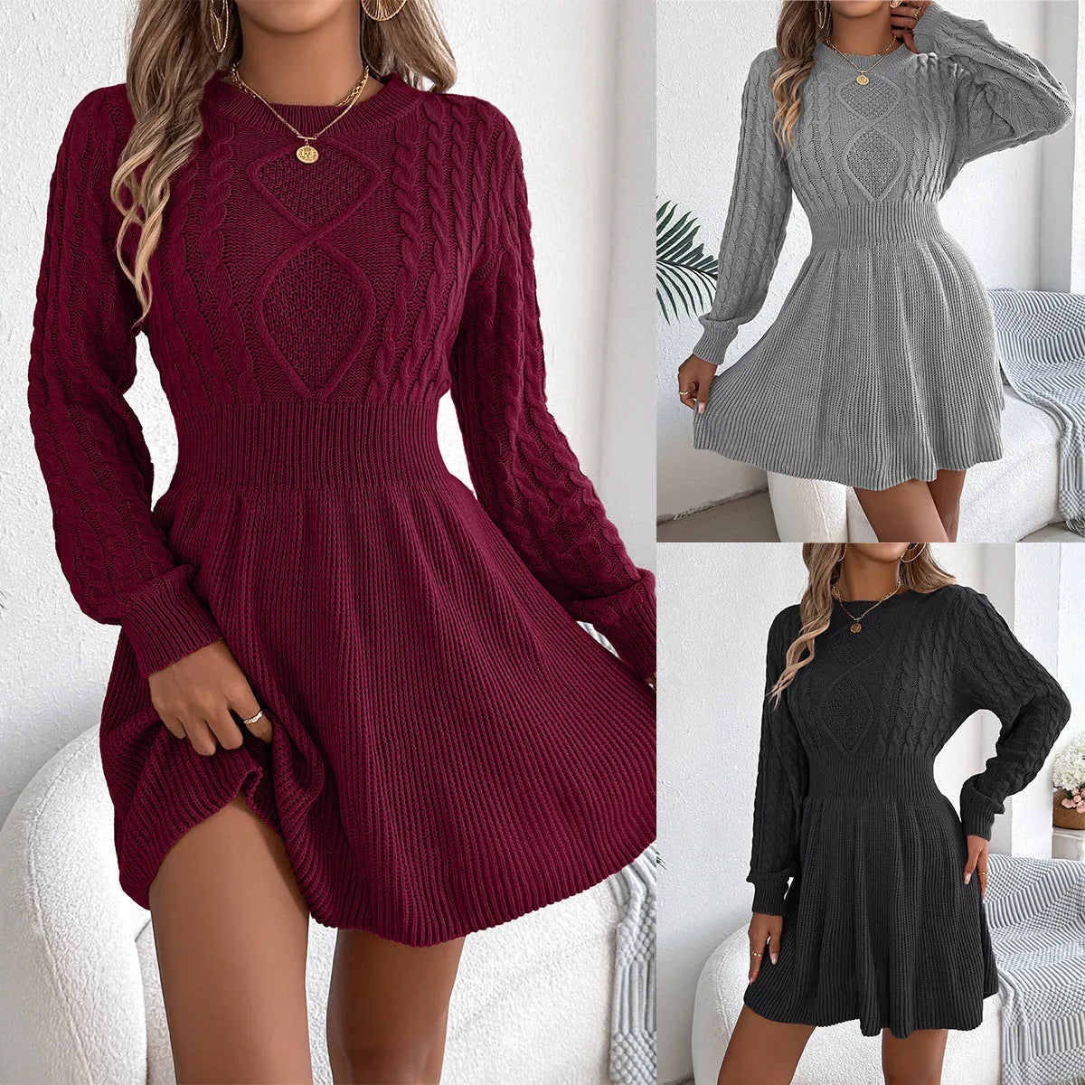 Black solid color twist waist lantern long sleeve sweater dress made of artificial fur and acrylic