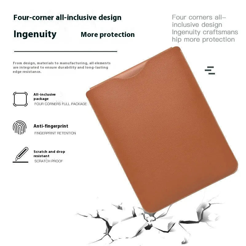 Four-piece set of leather laptop edge protectors in apricot, brown, gray and light pink colours
