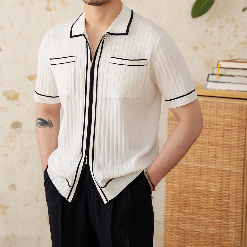 Slim elastic short-sleeved polo shirt with lapel collar in black or white colours