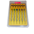 Six colour-coded aluminium suit screwdrivers for watch repair with copper handles and spring steel cutter heads