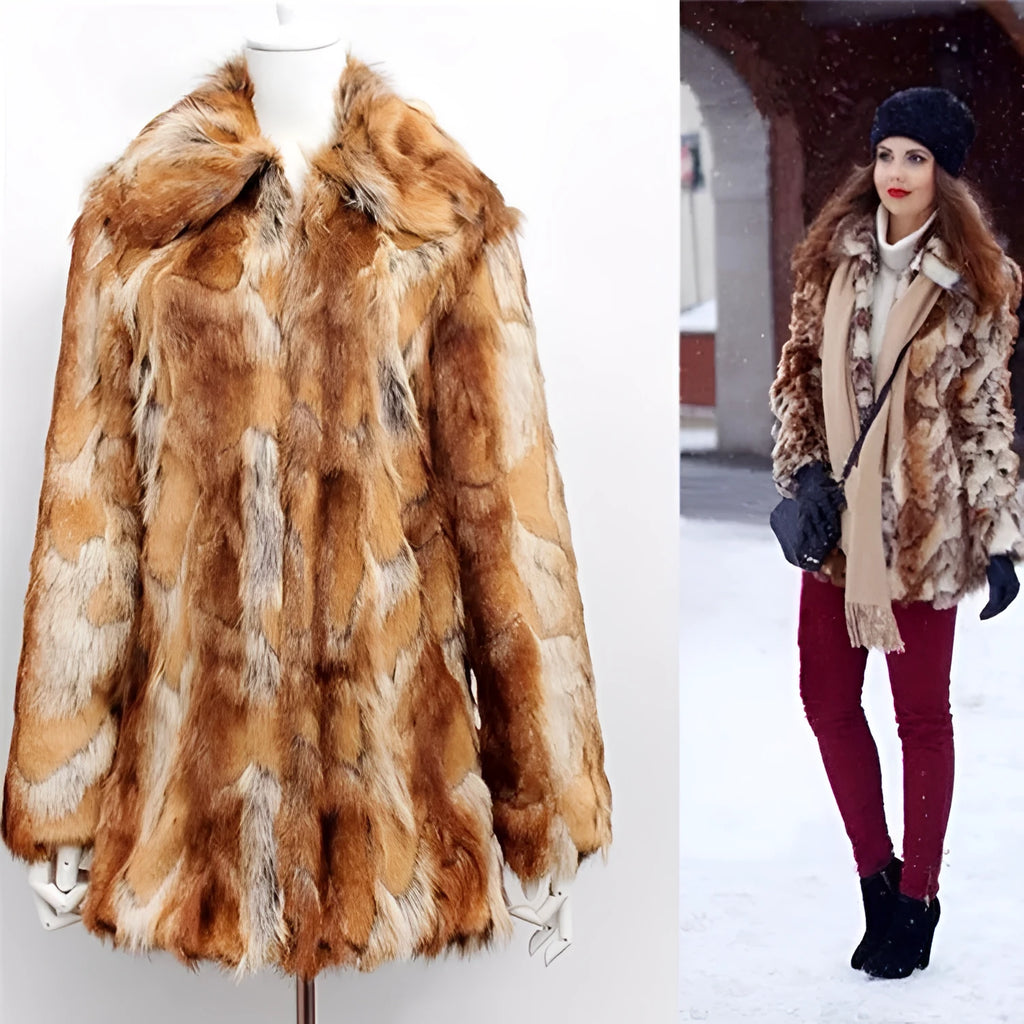 Women's tiger pattern faux fur leather jacket in a medium-length street fashion style.