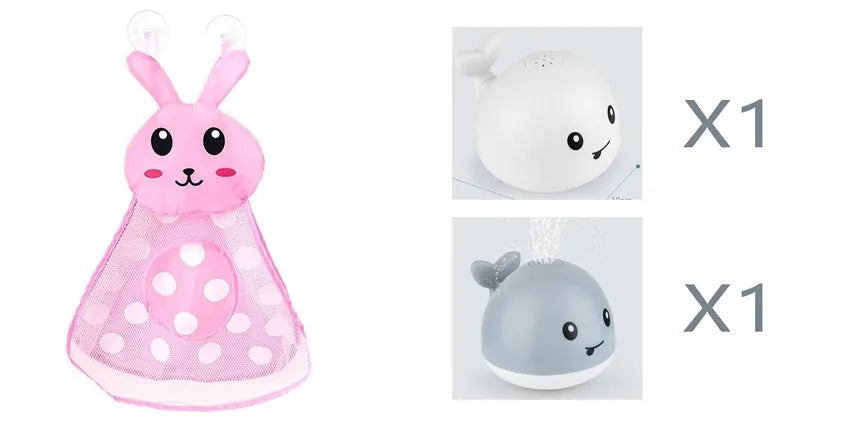 White and blue electric whale bath toy spraying water with lights on a base.